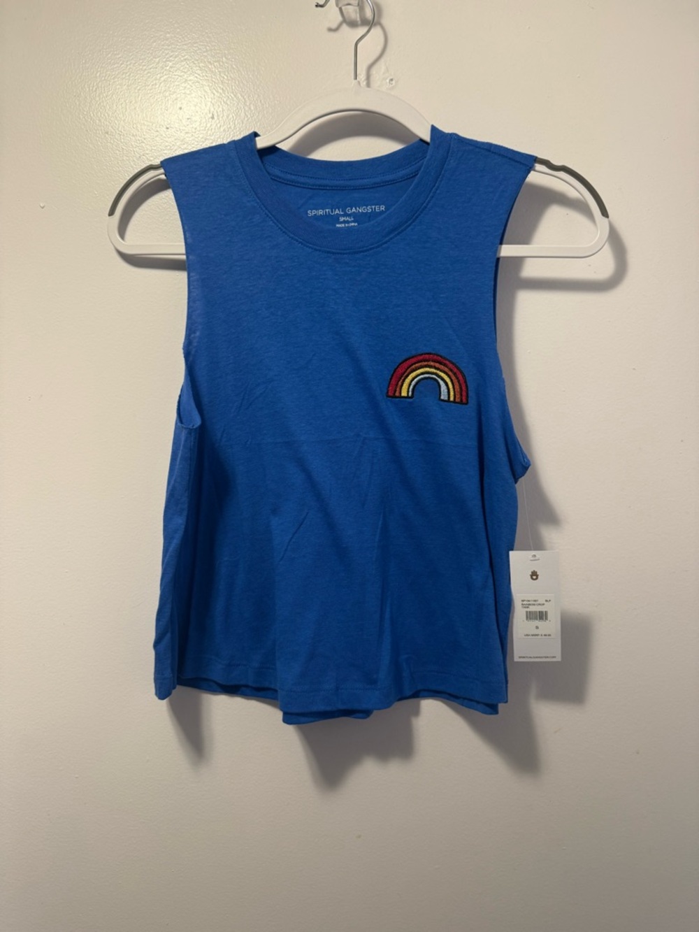 Spiritual Gangster Blue Muscle cropped Tank with Rainbow embroidery